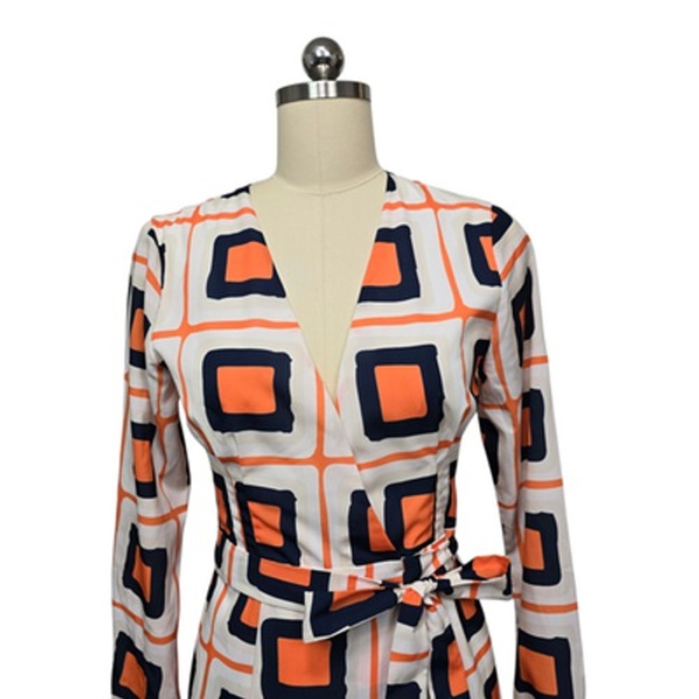 Hutch Wrap Maxi Dress Womens XS White Orange Geometric Long Sleeve Belted V Neck - Picture 10 of 12